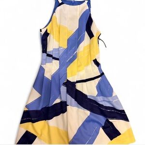 Vince Camuto Blue and Yellow Abstract Spring Midi Dress